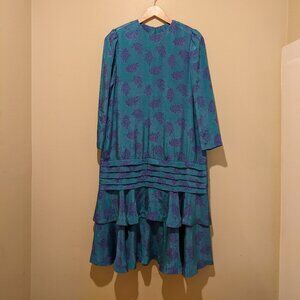 Vintage 20s homemade one of a kind Drop Waist Ruffle silky shoulder pad Dress SM